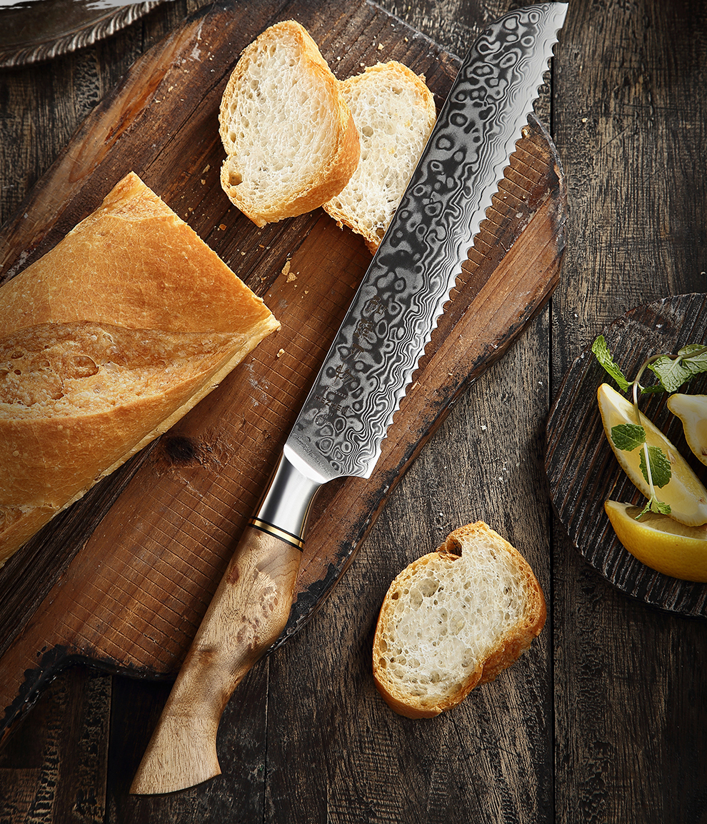 Brotmesser Damast mit Holzgriff aus Bergahorn